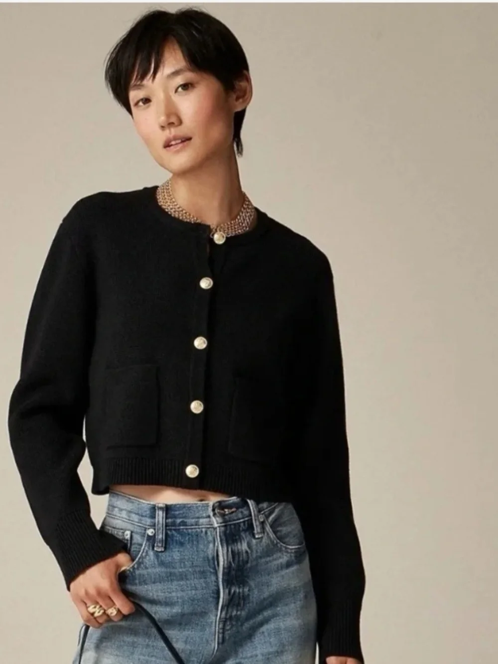 J. Crew Emilie Sweater Lady Black Cardigan with Gold Buttons